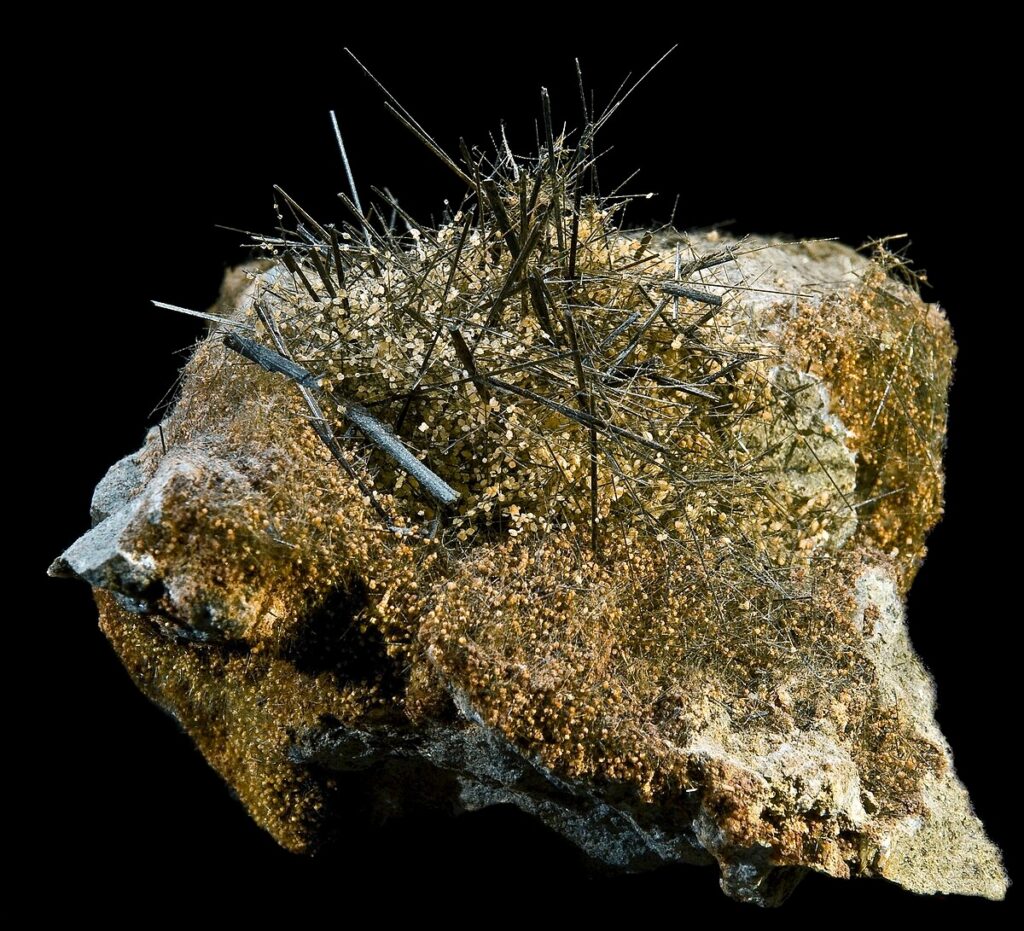 Close-up of actinolite mineral specimen showing dark green acicular needle-like crystals and elongated prismatic structures.