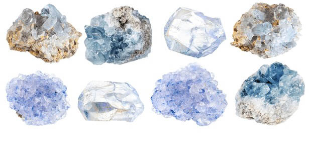 A collection of eight various specimens of uncut pale blue celestite crystal clusters and raw rocks on a white background.
