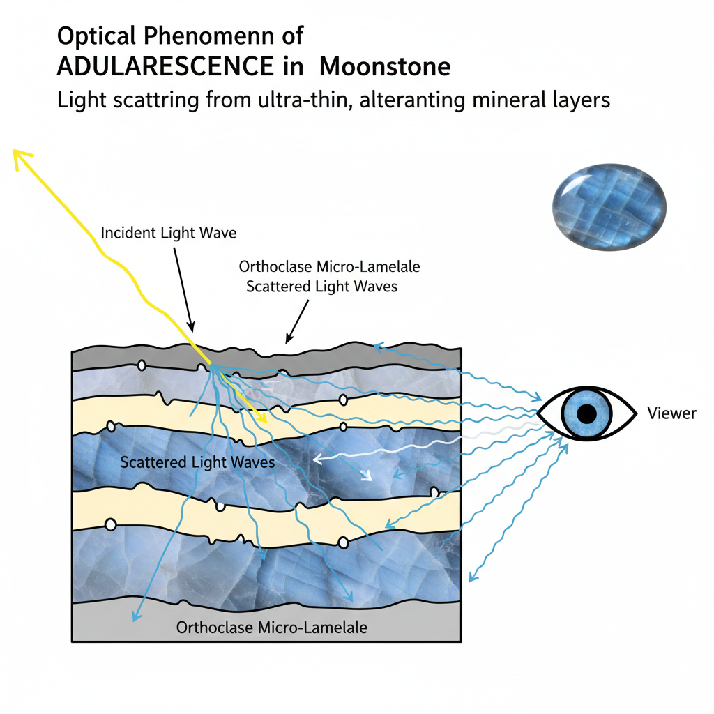 Moonstone adularescence diagram showing light scattering through orthoclase and albite layered structure