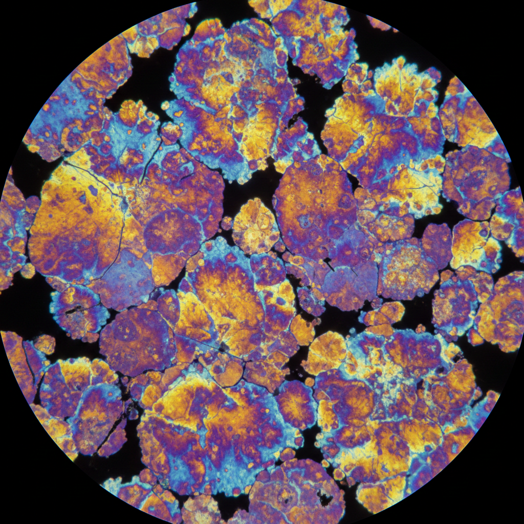 Polarized light micrograph of a bismutotantalite thin section, showing vivid interference colors (blue, gold, and purple) due to its high birefringence.