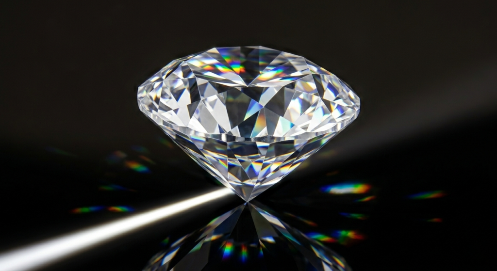 The high dispersion (0.044) of a faceted, colorless Anglesite gem displayed under a single light source, rivaling that of a diamond.