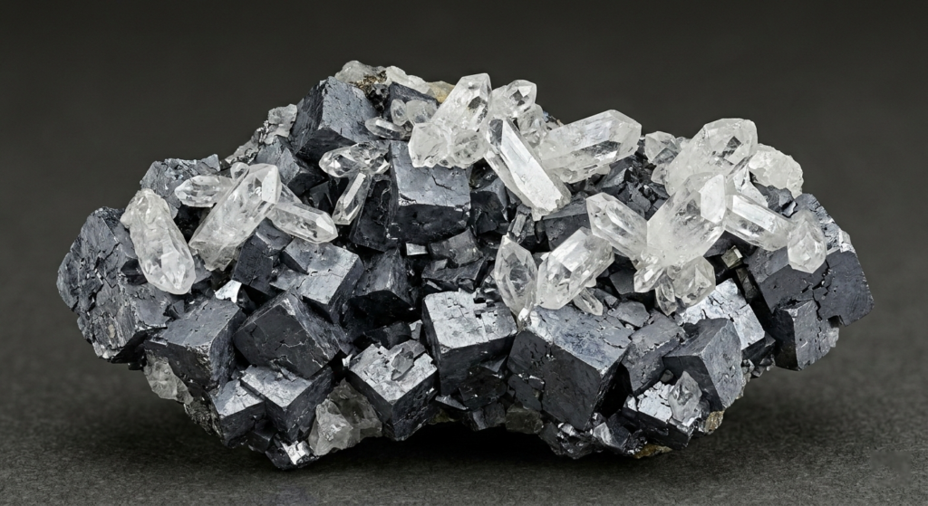 Geological Transformation A detailed view of a primary mineral (Galena, the gray cubes) altering into a secondary mineral (Anglesite, the clear, sparkling crystals) in an oxidized lead deposit.