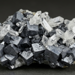 Geologische Umwandlung: Eine detaillierte Ansicht eines primären Minerals (Galenit, die grauen Würfel), das sich in einer oxidierten Bleilagerstätte in ein sekundäres Mineral (Anglesit, die klaren, funkelnden Kristalle) umwandelt.