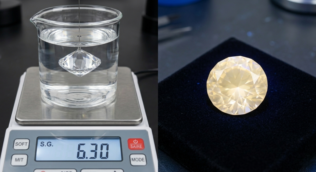 Diagnostic Tests (Left) Hydrostatic weighing reveals the mineral’s high density (S.G. 6.3), and (Right) the standard yellow fluorescence of Anglesite under short-wave UV light.