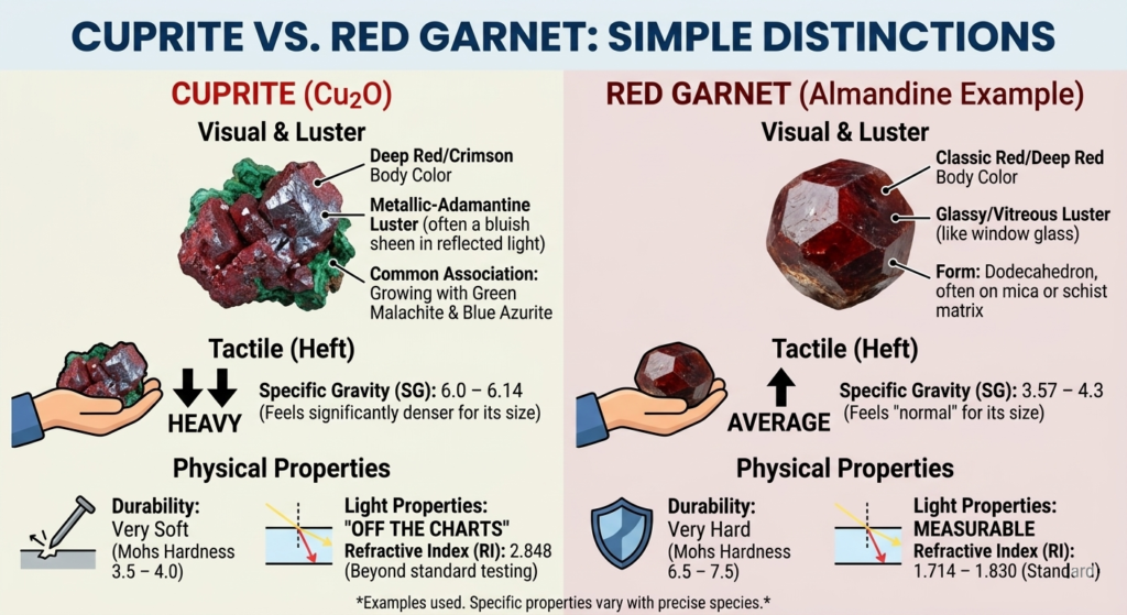 Eine Vergleichs-Infografik zwischen Cuprit und rotem Granat, die visuelle, taktile und physische Unterschiede aufzeigt. Cuprit zeichnet sich durch einen metallisch-diamantartigen Glanz und eine hohe Dichte (SG 6,0-6,14) aus, während roter Granat einen glasartigen Glanz und eine durchschnittliche Dichte (SG 3,57-4,3) aufweist.