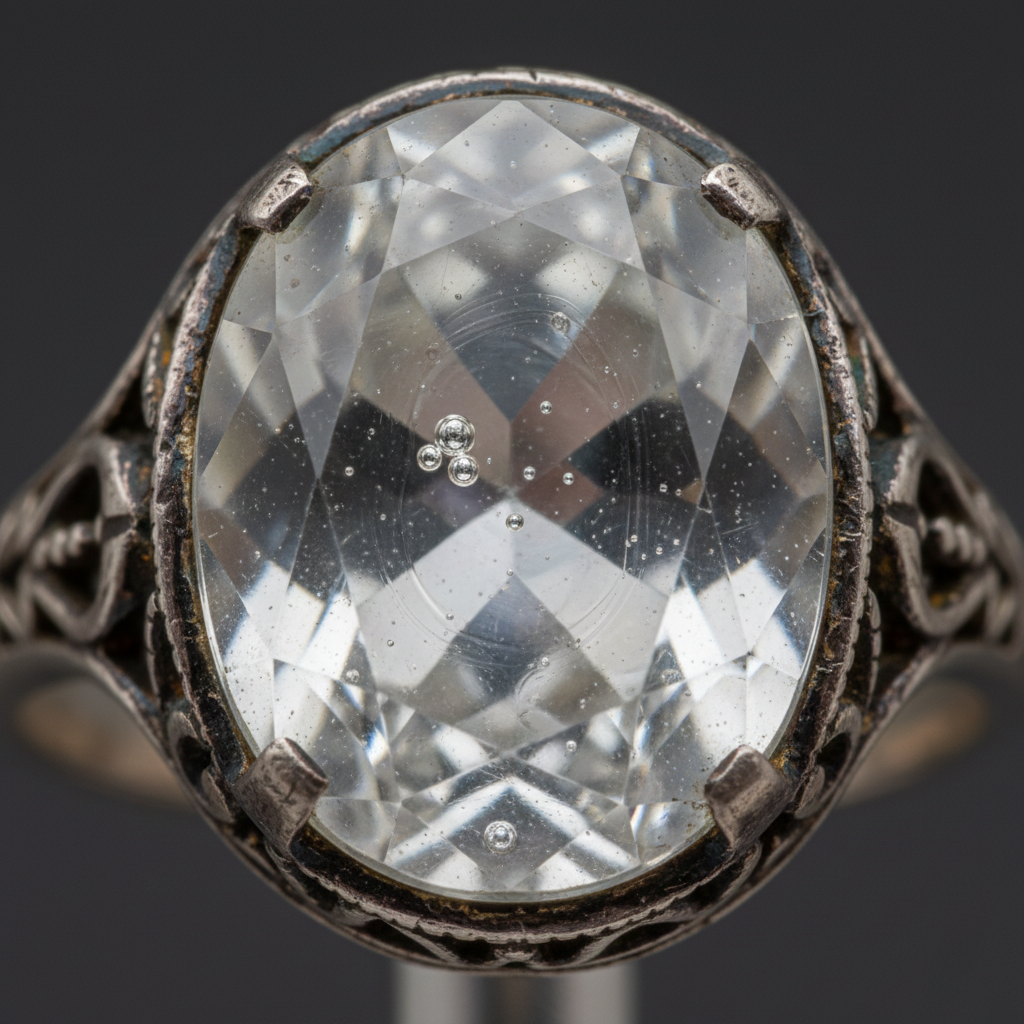 A close-up photograph of a clear glass gemstone set in a vintage metal setting. The center of the gem clearly displays multiple spherical gas inclusions (bubbles), which are a key diagnostic feature for identifying glass as a manufactured gemstone.