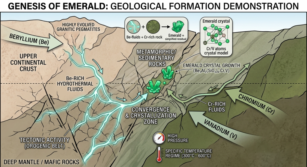 一幅地质图示,展示了来自大陆地壳的铍和来自地幔的铬如何通过构造活动汇聚,并在围岩中结晶成祖母绿