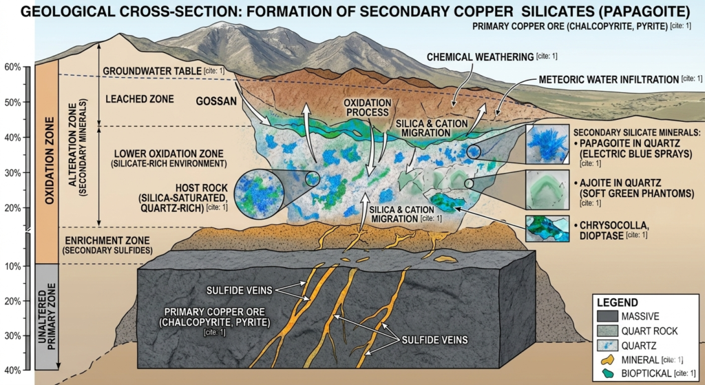 一份详细的地质剖面图,展示了帕帕戈石等次生硅酸铜矿的形成过程。图中呈现山地景观,垂直岩层标注为:淋滤带、氧化带和富集带。图示说明了地表水渗入地下后,与底部原生铜矿(硫化矿脉)发生反应,在富含二氧化硅的石英母岩中形成次生硅酸盐矿物。插图重点标注了石英晶体中呈现的帕帕戈石“电蓝色喷溅状”结构与阿乔石“柔绿色幻影状”特征。