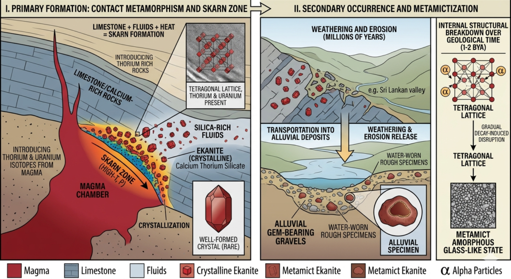 Geological process of Ekanite: from primary crystallization in thorium-rich magma contact zones to secondary alluvial gem gravels and the internal structural breakdown into a metamict state.