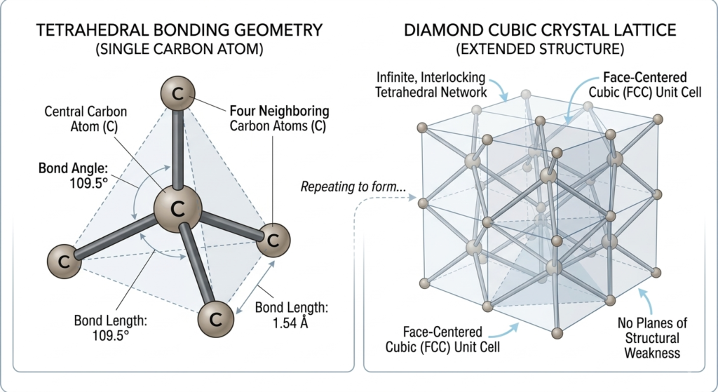 金刚石立方晶格结构的技术图示，展示了四面体成键几何结构、碳原子排列、109.5 度的键角以及 1.54 埃 (Å) 的键长。
