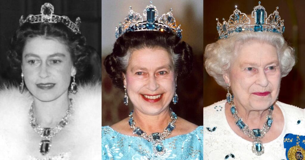 Historical timeline photos of Queen Elizabeth II adorned with her iconic Brazilian aquamarine jewelry collection