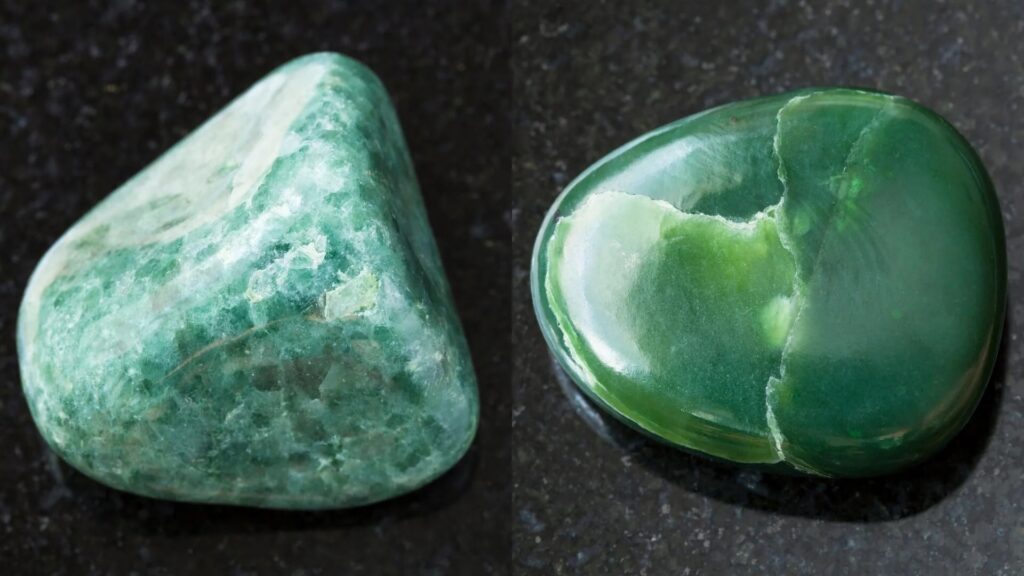 A side-by-side comparison of raw jade specimens: on the left, a light green jadeite with a granular, crystalline texture; on the right, a darker green nephrite jade showing a smooth, waxy luster and a slightly chipped surface revealing its fibrous interior.