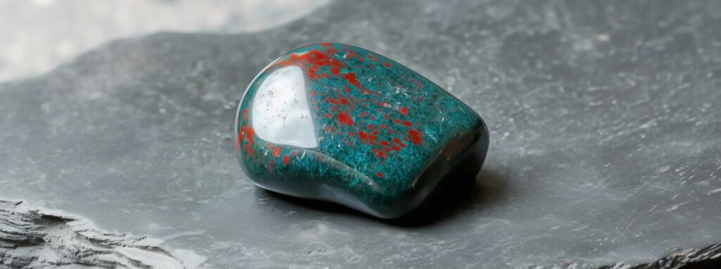 A polished, tumbled bloodstone specimen featuring a deep forest-green matrix speckled with vibrant red iron oxide inclusions, resting on a textured, dark grey slate surface.