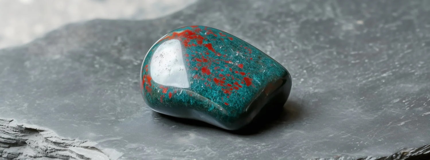A polished, tumbled bloodstone specimen featuring a deep forest-green matrix speckled with vibrant red iron oxide inclusions, resting on a textured, dark grey slate surface.