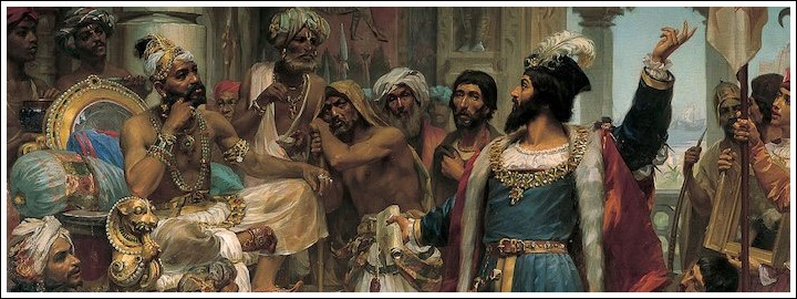 维洛佐·萨尔加多（Veloso Salgado）的一幅历史画作，描绘了瓦斯科·达·伽马（Vasco da Gama）抵达印度卡利卡特，与扎莫林（Zamorin）会面，以建立贸易路线，这些路线后来促进了印度钻石流向欧洲。