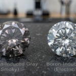 Vergleich zwischen einem Wasserstoff-induzierten rauchgrauen Diamanten und einem Bor-induzierten elektrisch-grauen Diamanten mit unterschiedlichen Farbsättigungen.