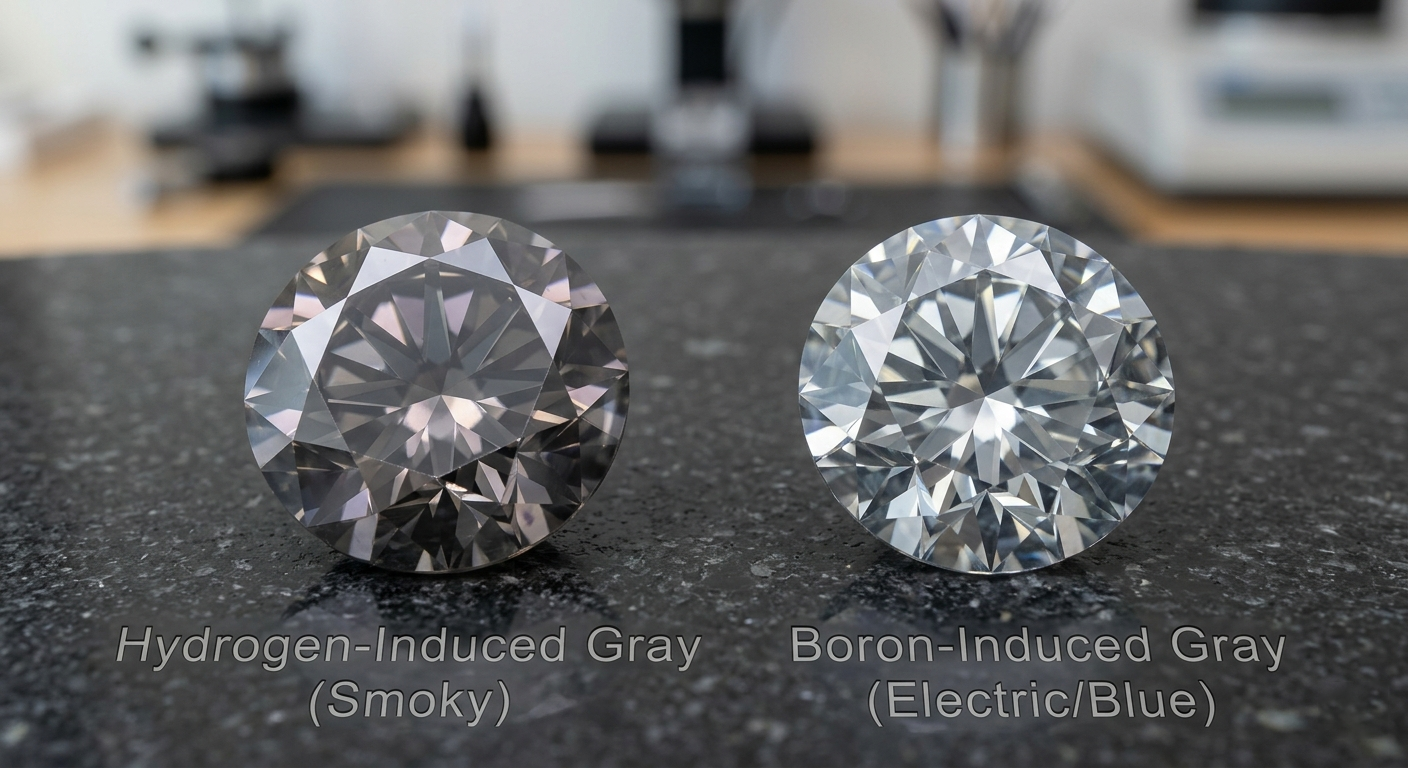 Comparison of hydrogen-induced smoky gray diamond and boron-induced electric gray diamond showing different color saturations.