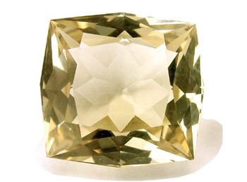 Faceted champagne-colored Sanidine gemstone with a vitreous luster and square cushion cut.