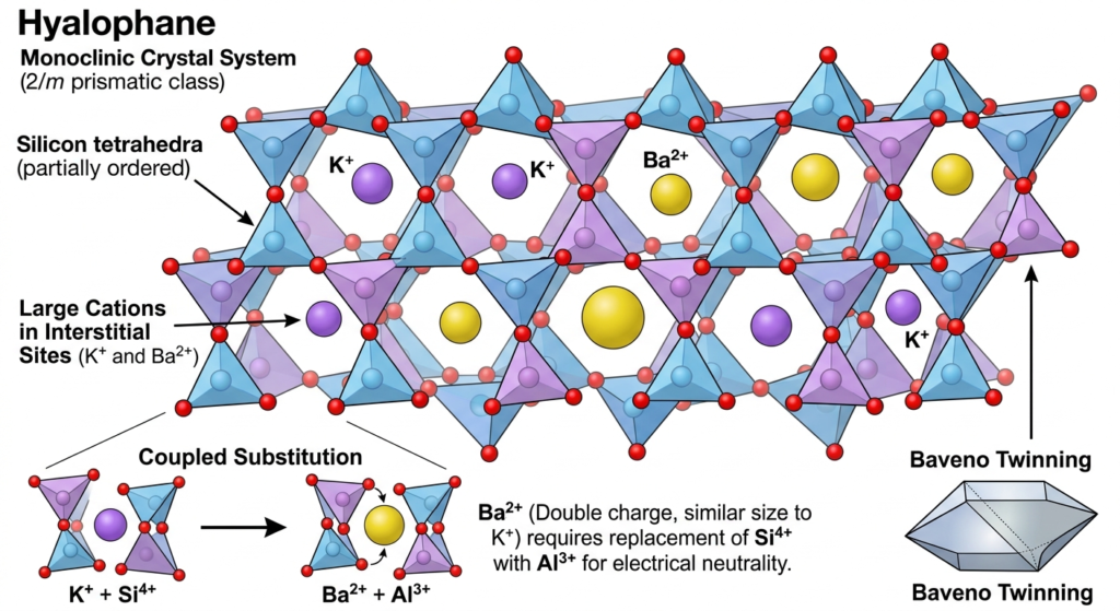 Scientific diagram showing the monoclinic crystal structure and coupled ion substitution of the mineral hyalophane.