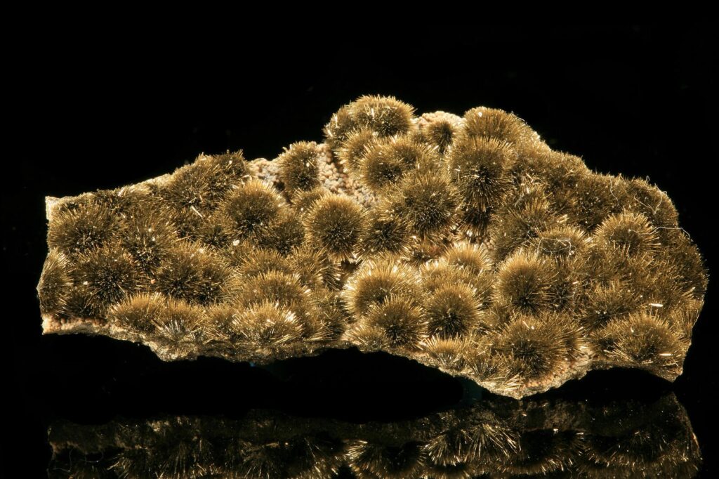 Spécimen minéral de millérite aciculaire montrant des formations cristallines métalliques distinctives en forme de cheveux.