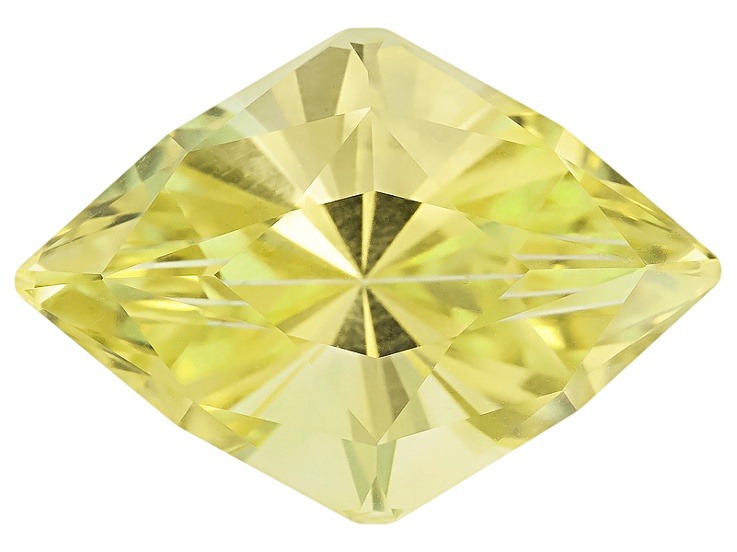 A faceted, yellowish-green orthoclase feldspar gemstone cut into a marquise-diamond shape.