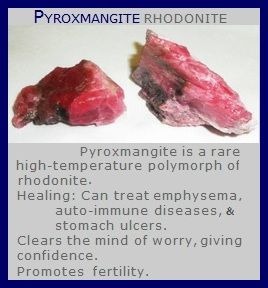 Side-by-side view of Pyroxmangite and Rhodonite rough stones, illustrating the visual similarity between these two manganese silicate polymorphs.