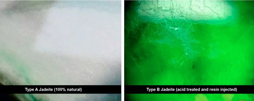 A Microscopic comparison of natural jadeite (left) showing a smooth surface versus treated Type B jadeite (right) displaying fluorescent etching.