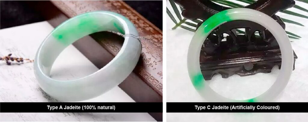 A Microscopic comparison of natural jadeite (left) showing a smooth surface versus treated Type B jadeite (right) displaying fluorescent etching.
