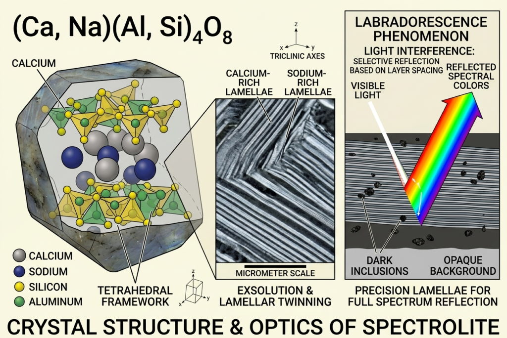A scientific diagram illustrating the crystal structure and optical principles of Spectrolite.