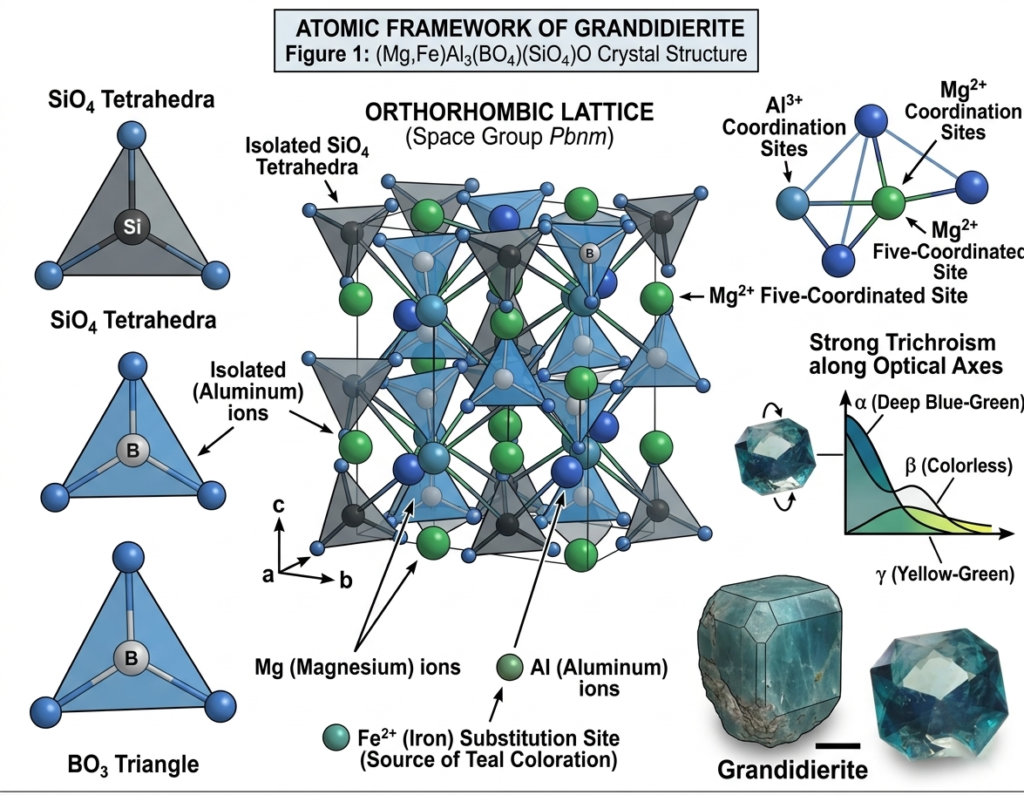 Diagrama científico de la estructura cristalina y el armazón atómico de la grandidierita, que muestra el enlace molecular, los sitios de sustitución de hierro y los ejes ópticos responsables de su color azul verdoso único y su tricroísmo.