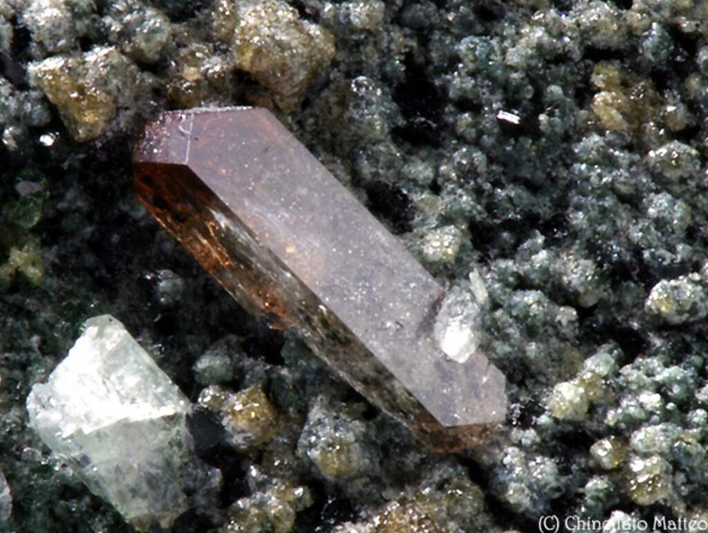 Zircon. Burgum Alp, Pfitsch, Wipptal, South Tyrol, Trentino-Alto Adige/Südtirol, Italy. Zircon of 3 mm hardness to photographer seen the dark background. Collection A.Perugini Photo M.Chinellato