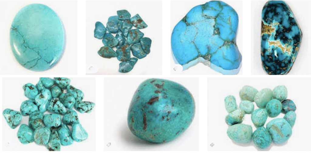 Photographic compilation of seven different turquoise specimens, displaying various shades of blue and green with distinct matrix veining.