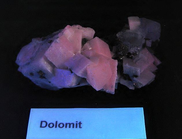 Fluorescent dolomite crystals, on display at the Mineralogical Museum, Bonn, Germany.