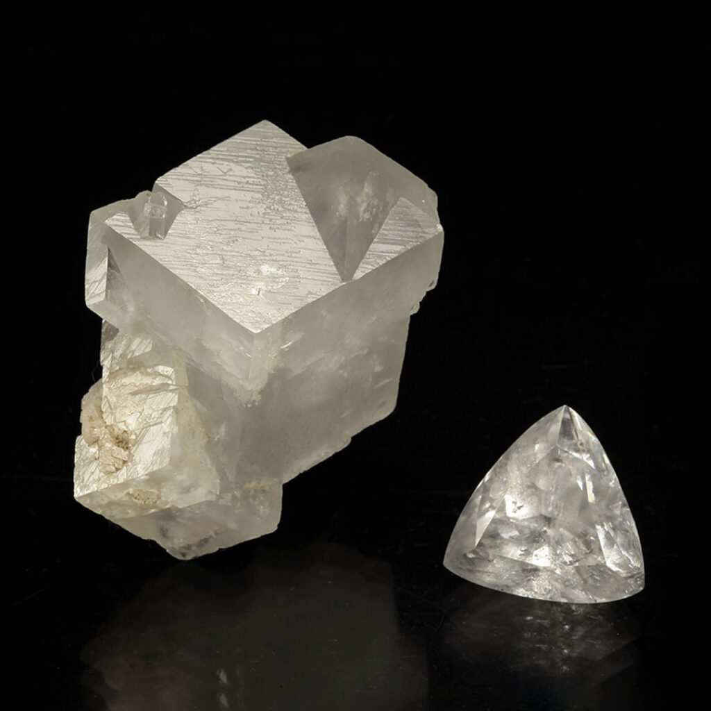 On the left is a natural, sharp rhombohedral dolomite crystal cluster from Spain, exhibiting characteristic translucent white coloration and smooth crystal faces. On the right is a precision-faceted, trillion-cut colorless dolomite gemstone, highlighting the mineral's clarity and transparency after lapidary processing.