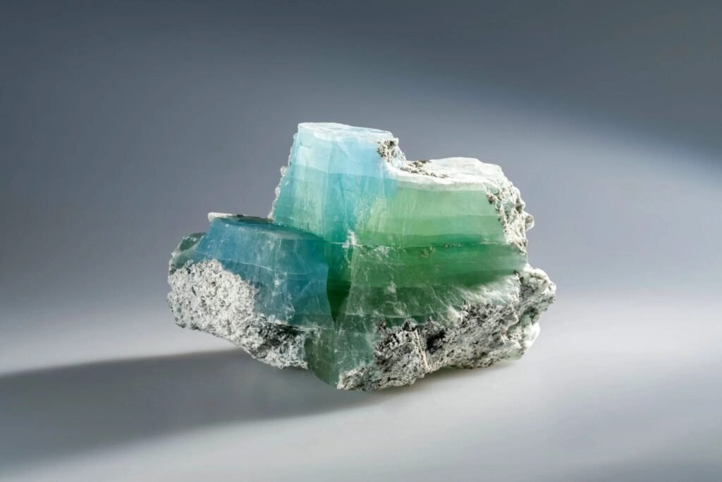 Translucent light blue and sea-green layered brucite mineral specimen