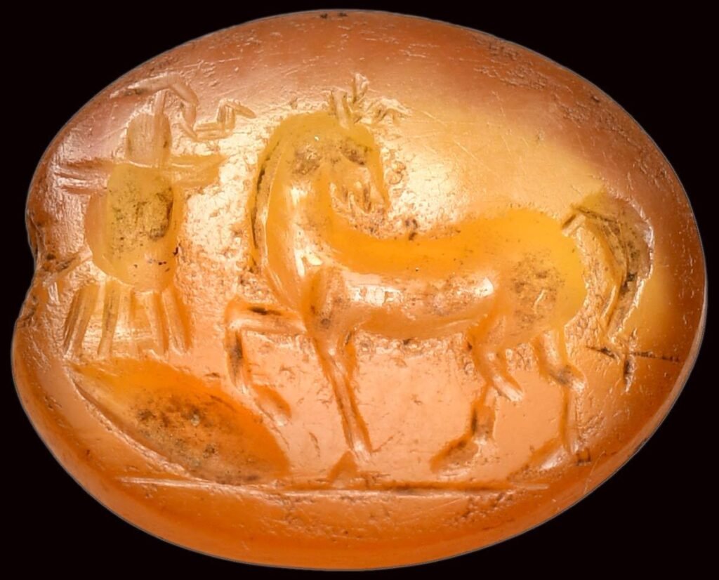 古代雕刻的红玉髓宝石用作凹雕印章