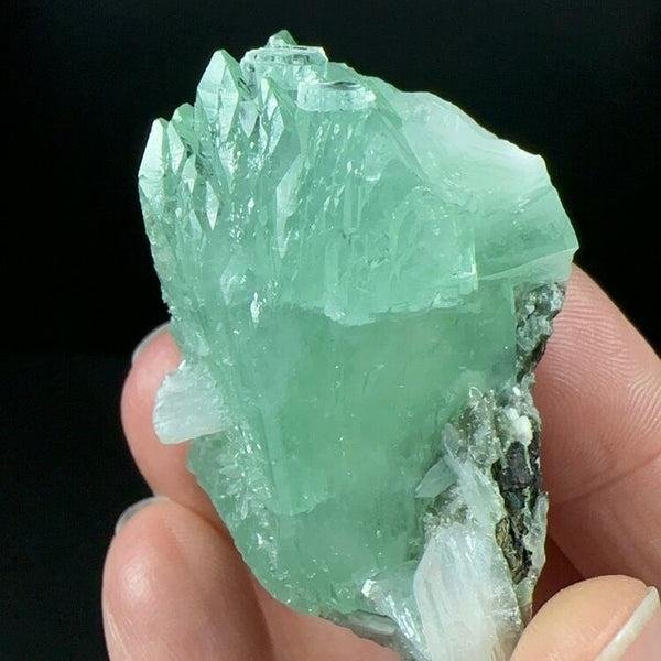 Pale green apophyllite crystals displaying vitreous luster and distinct crystal faces.
